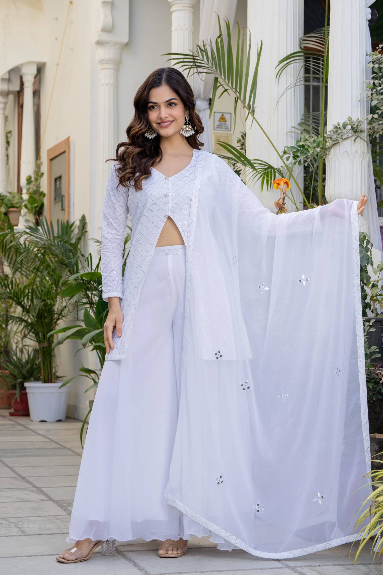 Shop Festive Ethnic Wear White Georgette Kurti Palazzo Set for Women