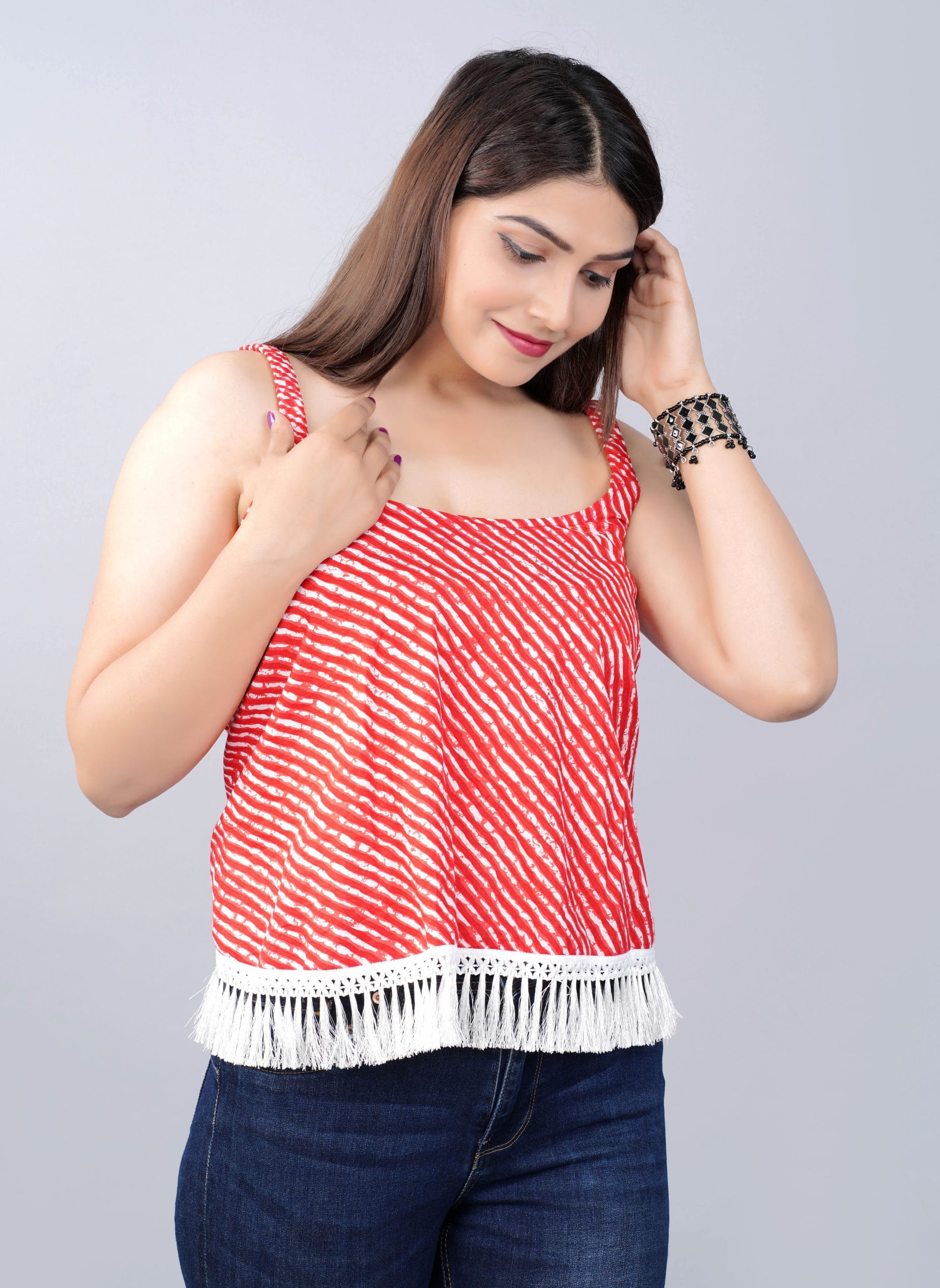 Nira Cherry Red Boho Fringe Top - View 3